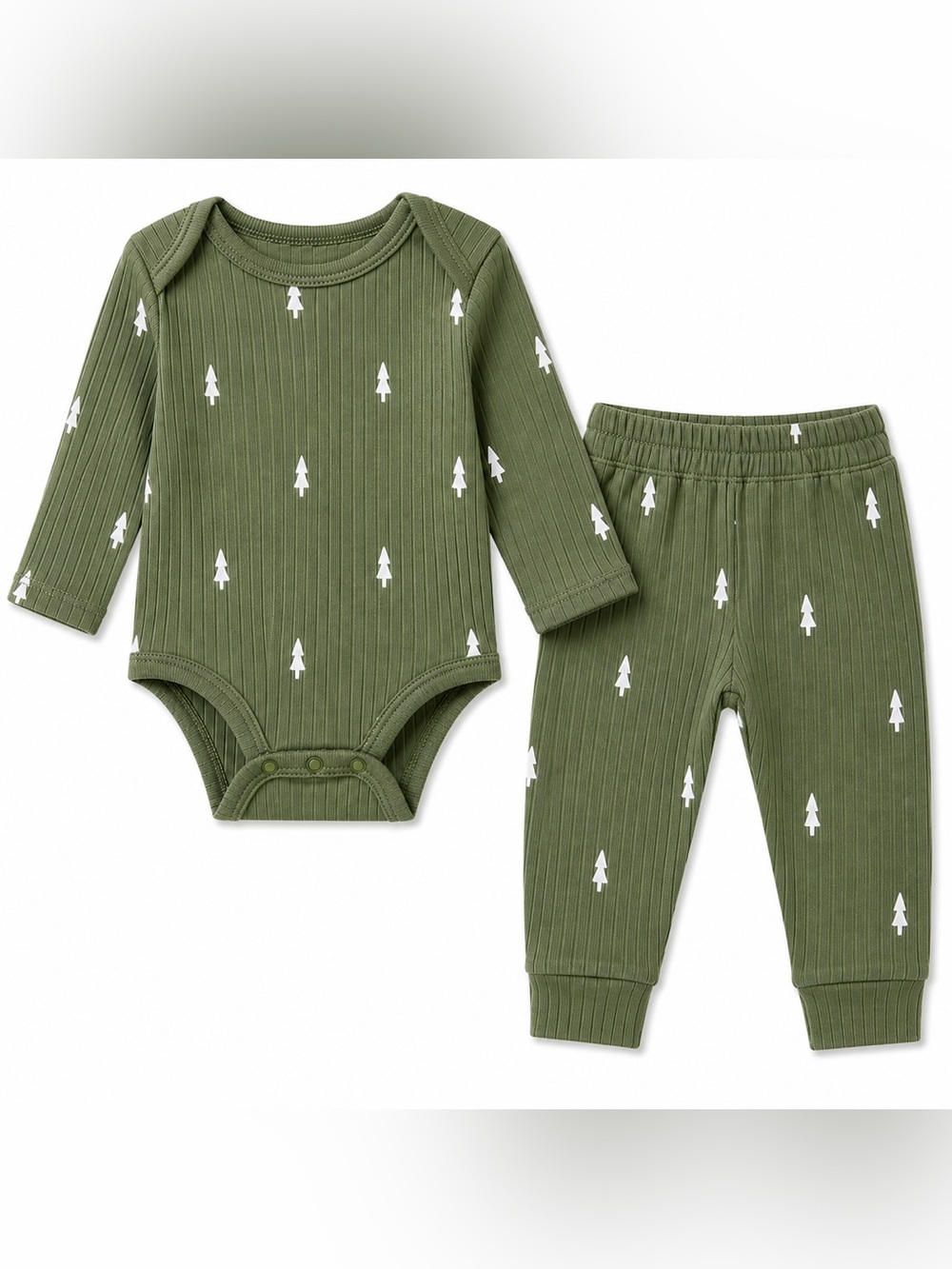 cloud island Olive Green Ribbed Bodysuit &Pants Set with White Tree Print unisex